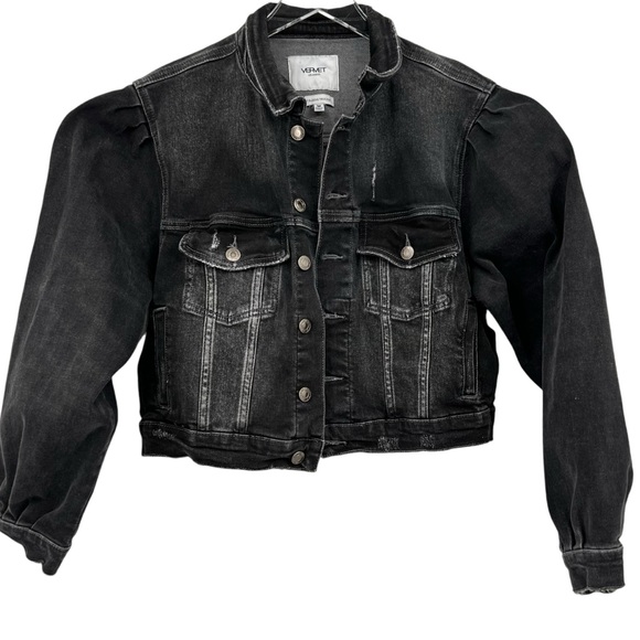 Vervet by Flying Monkey Black Distressed Balloon Puff Sleeve Trucker Jean Jacket - Picture 15 of 15